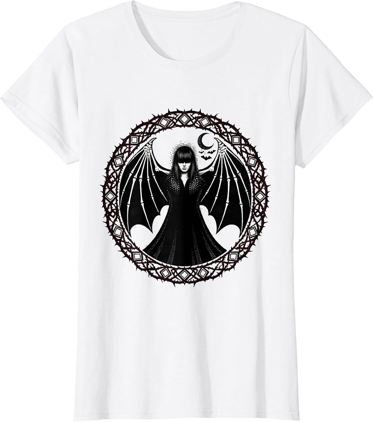 Women's Goth Girl Bat Wing Cloak Dark Fantasy Art T-Shirt - White