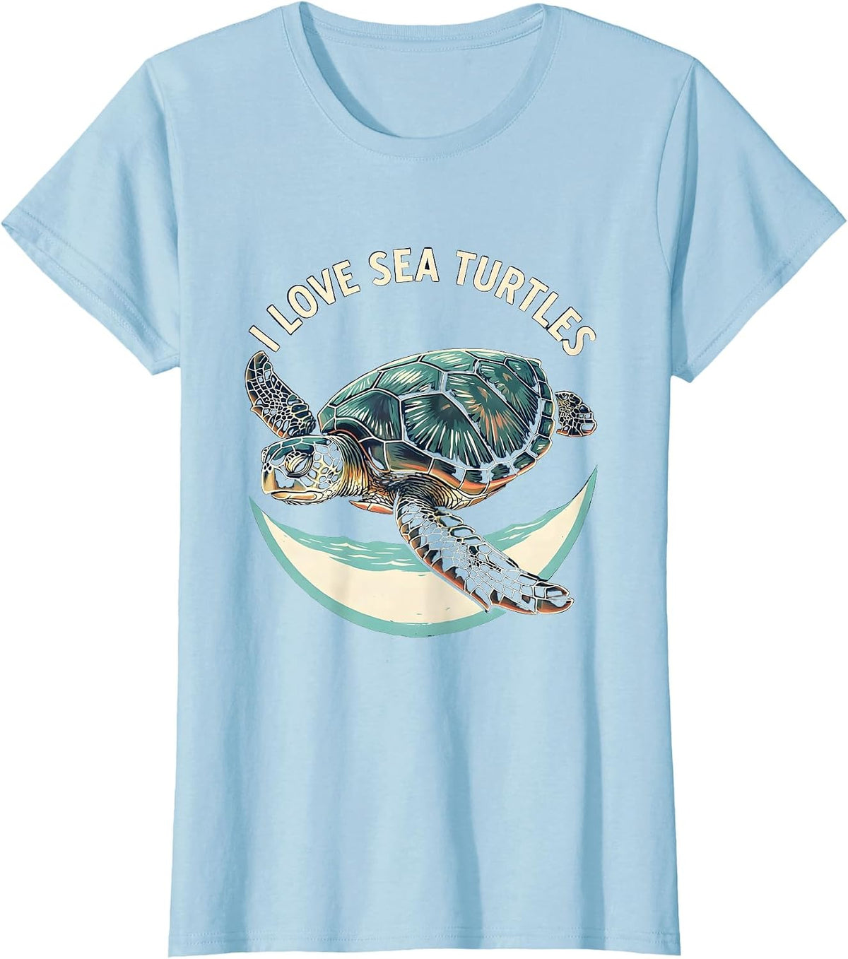 Women's I Love Sea Turtles Linocut Ocean Animal Lover Beach Casual T-Shirt - Baby Blue