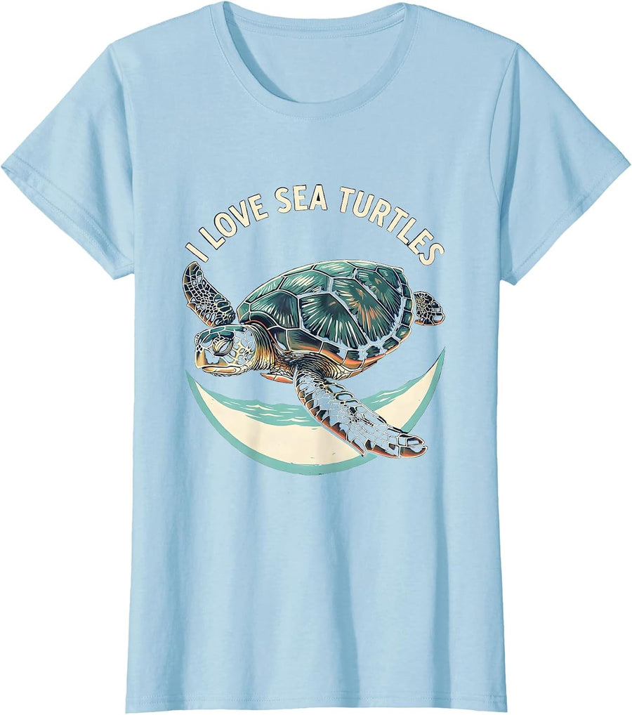 Women's I Love Sea Turtles Linocut Ocean Animal Lover Beach Casual T-Shirt - Baby Blue