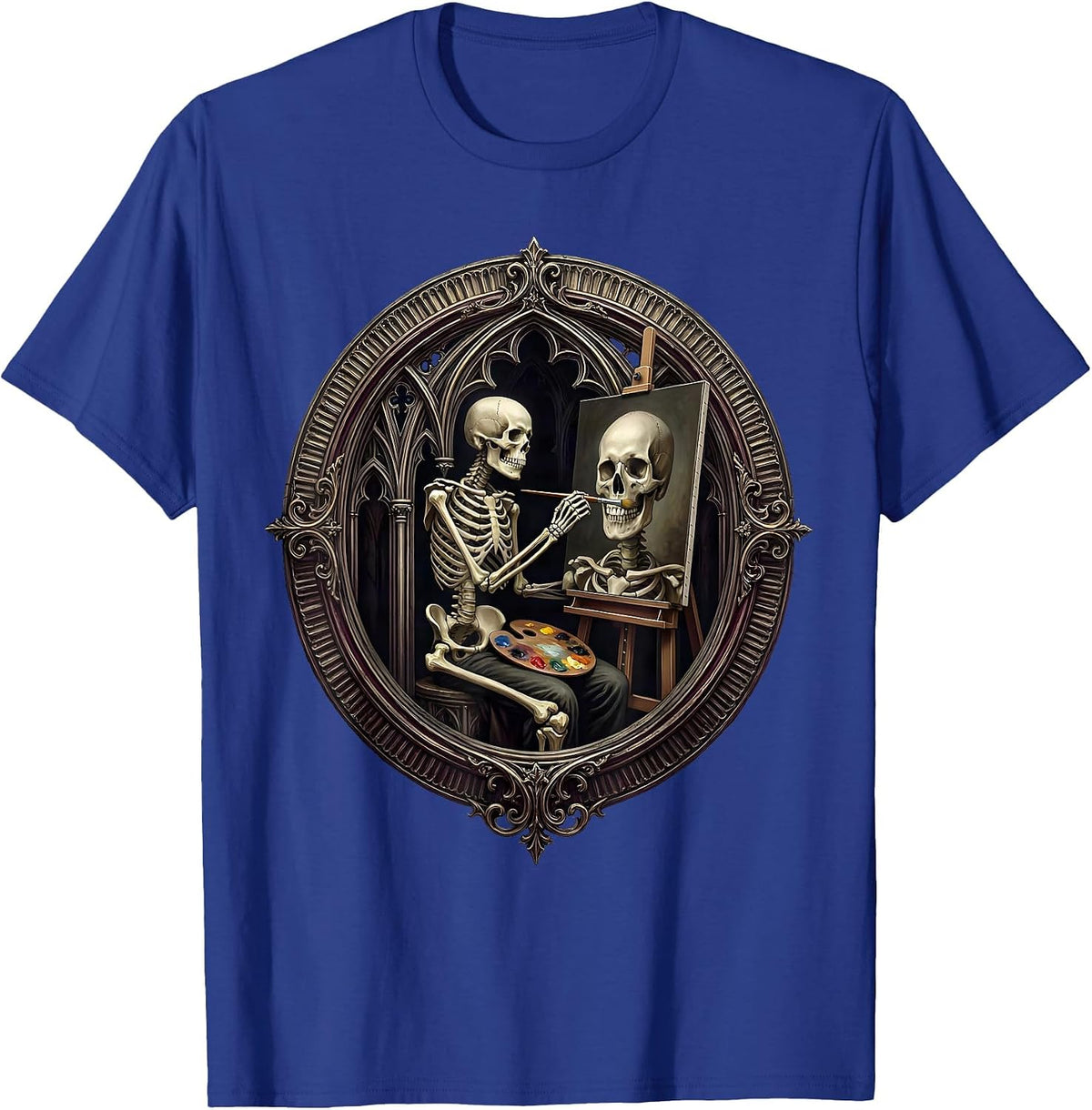 Skeleton Self-Portrait Painter Graphic Art T-Shirt - Royal Blue