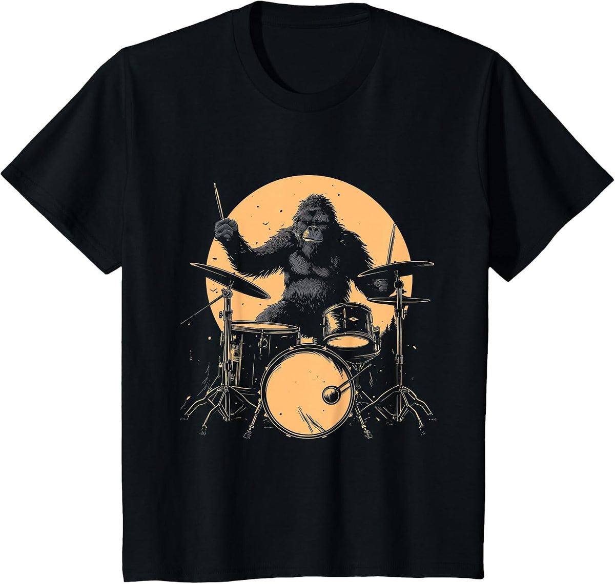 Drummer Bigfoot Playing Drums Funny Sasquatch Drumming T-Shirt - Black