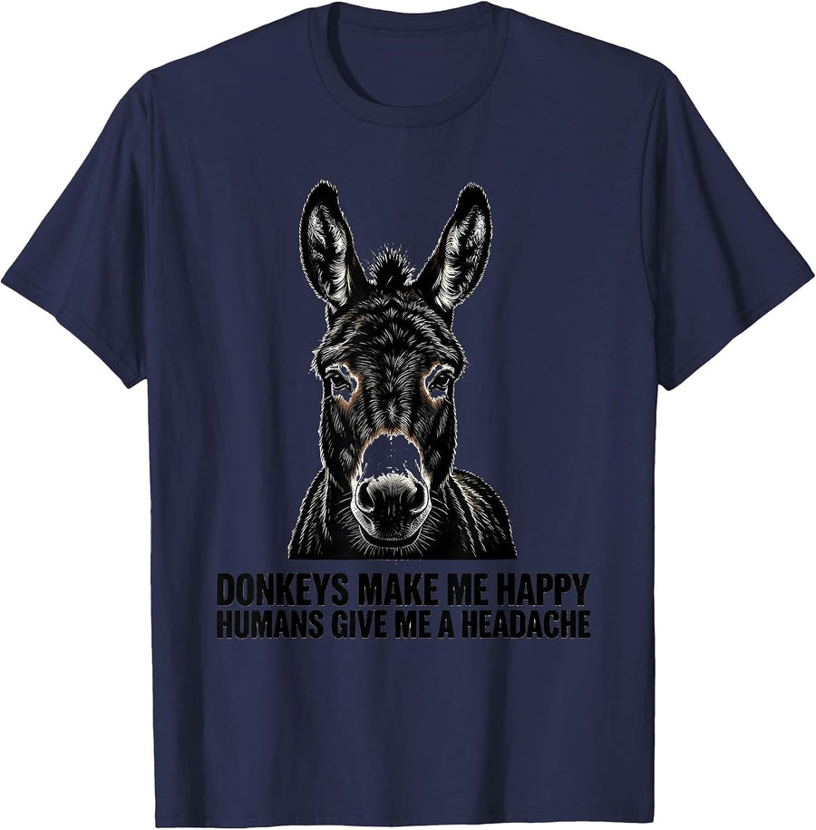 Donkeys Make Me Happy Humans Give Me A Headache Funny T-Shirt - Navy Blue
