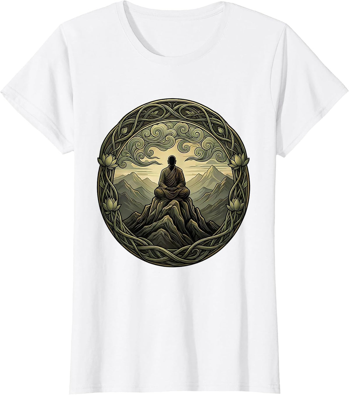 Monk Meditating Mountain Peak Silhouette T-Shirt - White