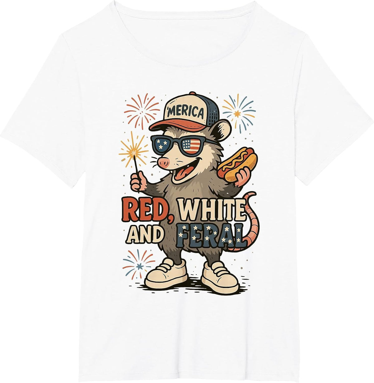 Red White and Feral Fireworks Opossum 4th of July Patriotic T-Shirt - White