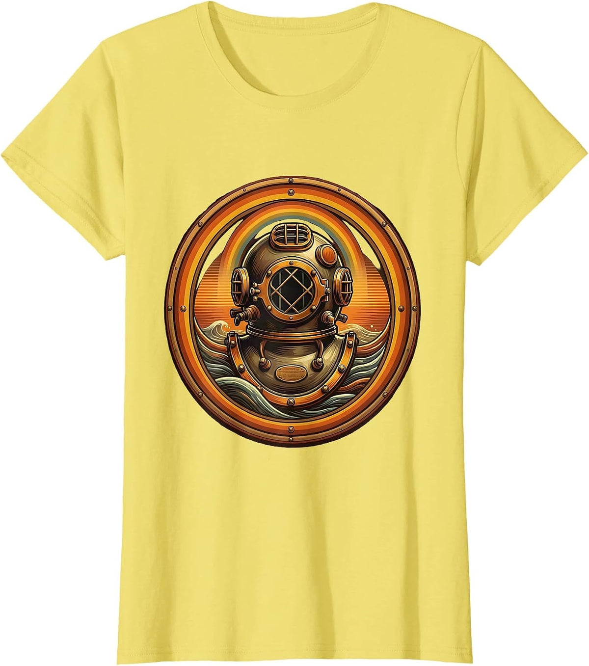 Vintage Diving Helmet Porthole Illustration T-Shirt - Lemon Yellow