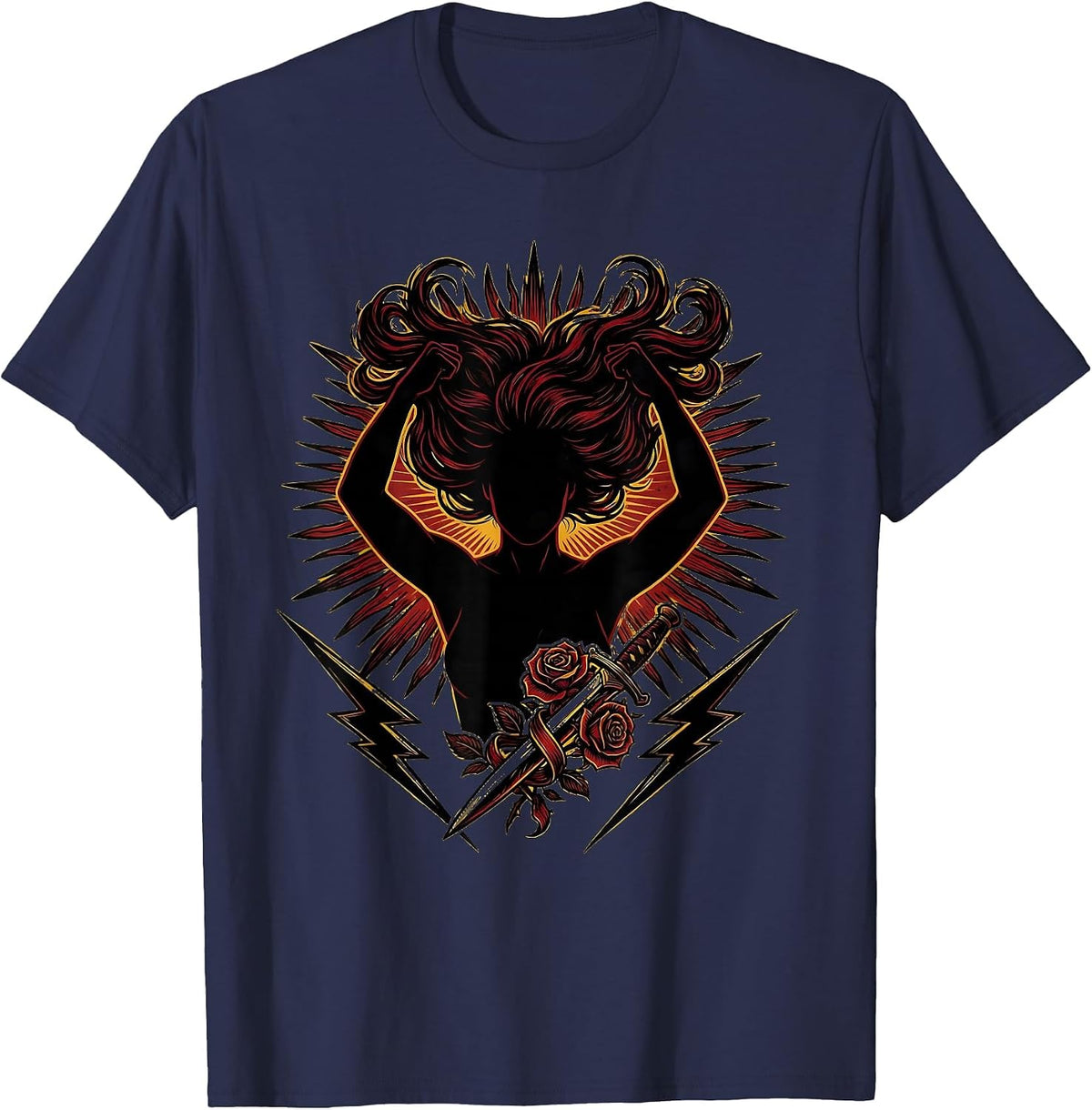 Rock and Roll Headbanger Silhouette Spotlight Design T-Shirt - Navy Blue