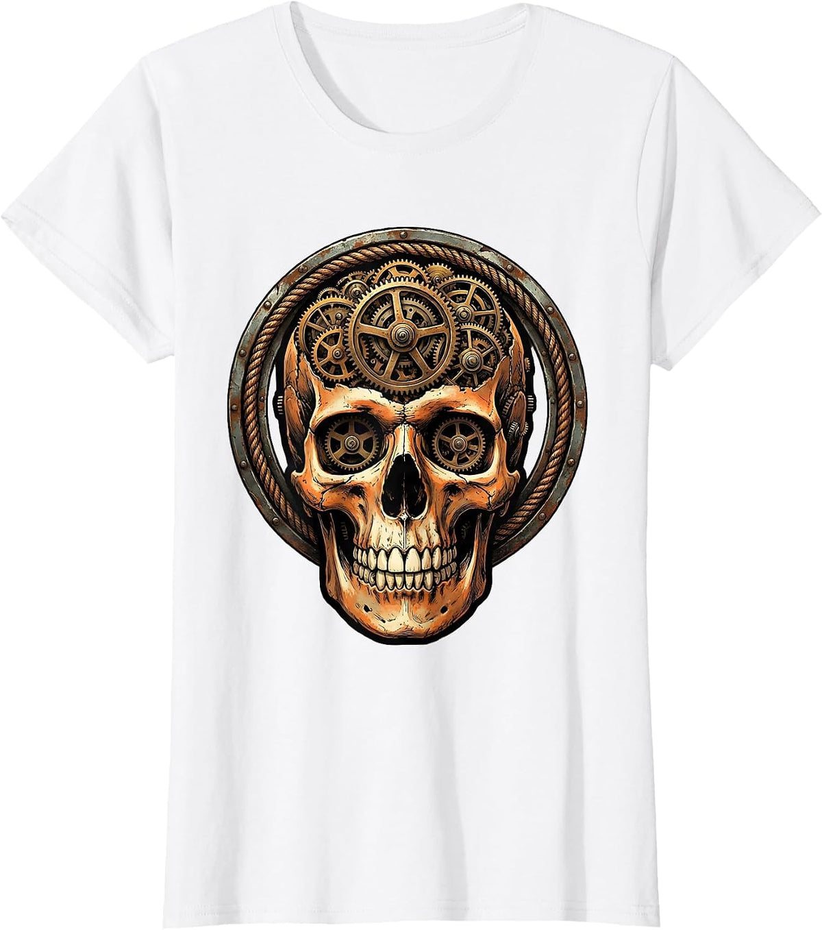 Skull Clock Gears Vintage Steampunk Illustration T-Shirt - White