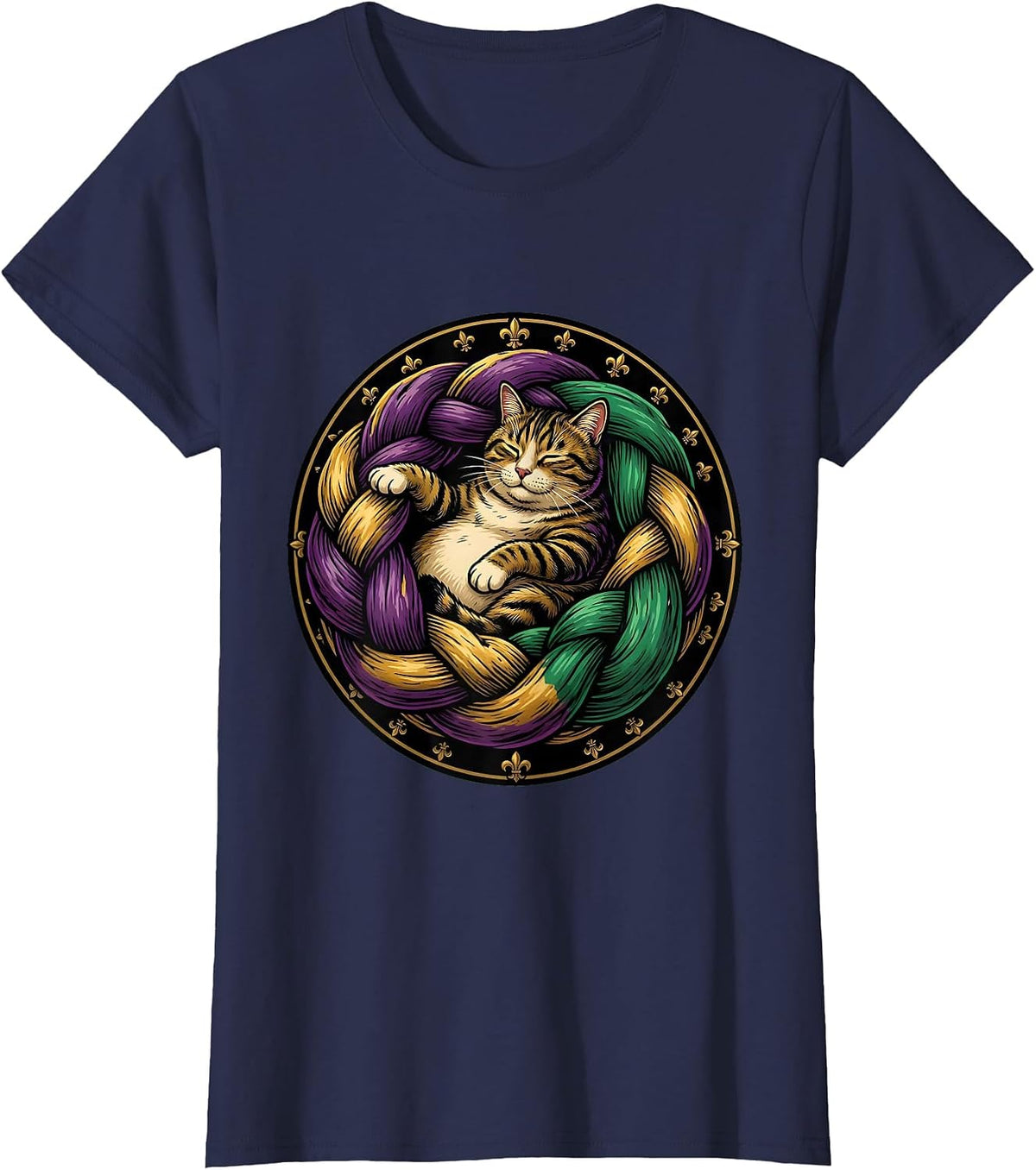 Women's Mardi Gras Cat Lounging in a King Cake T-Shirt - Navy Blue