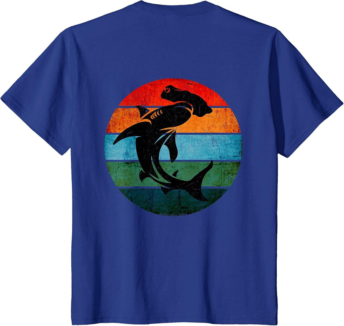 On Back. Cool Grunge Hammerhead Shark on Retro Sun Shark T-Shirt - Royal Blue