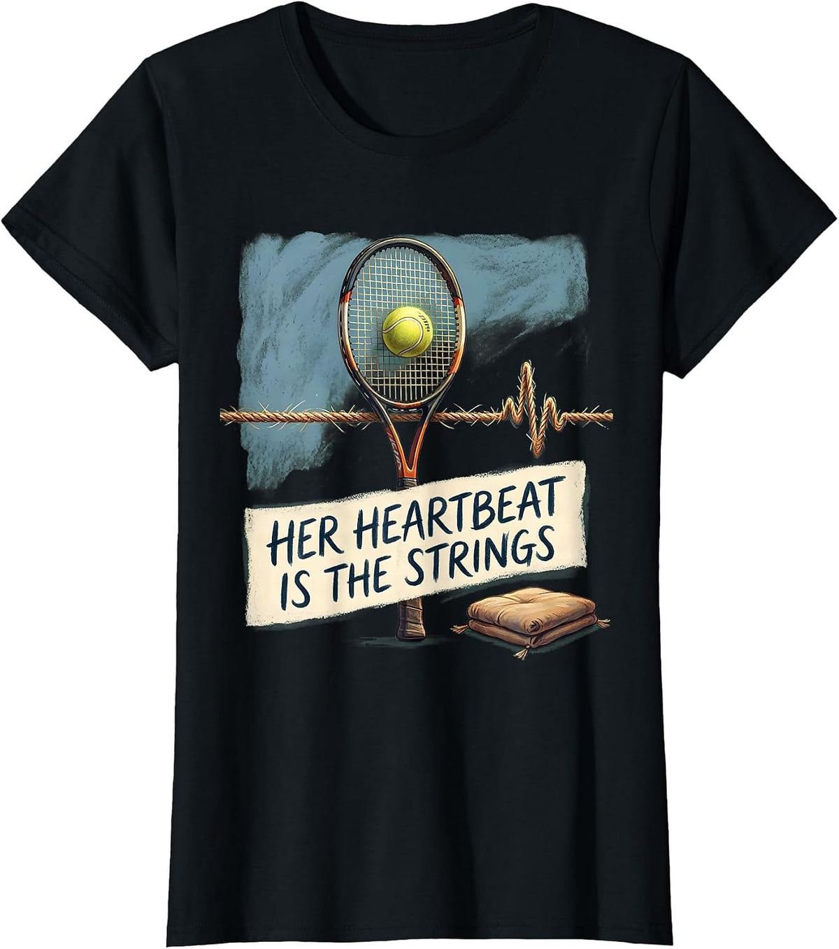 Women's Her Heartbeat Is The Strings Storybook Tennis Lover Gift T-Shirt - Black