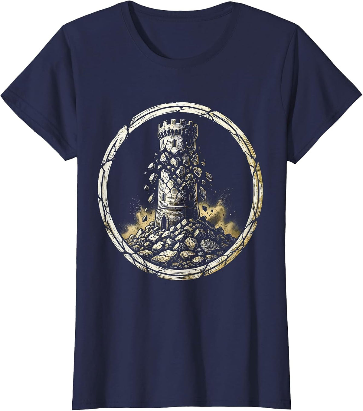 Women's Golden Tower Crumbling Into Dust Illustration T-Shirt - Navy Blue