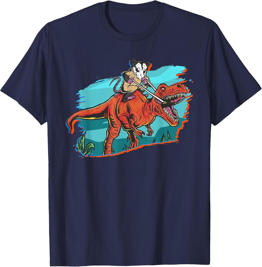 Opossum Riding Dinosaur T-Shirt - Navy Blue