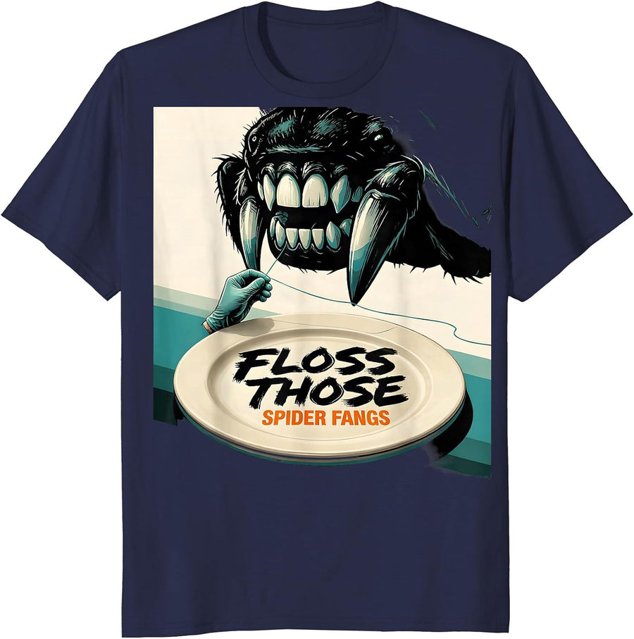 Floss Those Spider Fangs Funny Dental Hygienist Halloween T-Shirt - Navy Blue