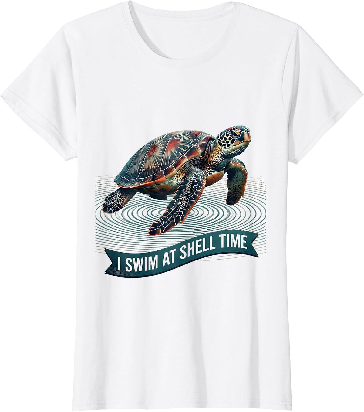 Women's I Swim At Shell Time Midcentury Modern Sea Turtle Ocean T-Shirt - White