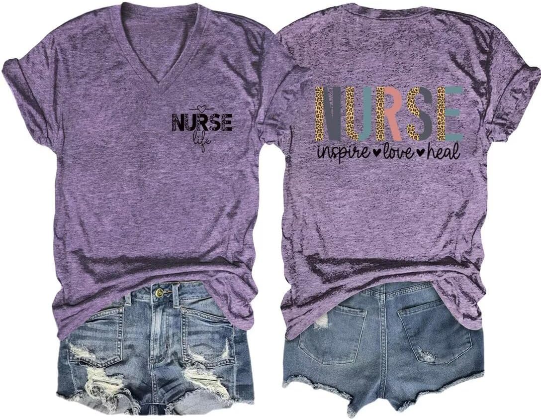 Womens Nurse V-Neck Shirts Nurse Inspire Love Heal V-Neck Nurse Shirt School Nursing Cute Nurse Tees - Z1-purple