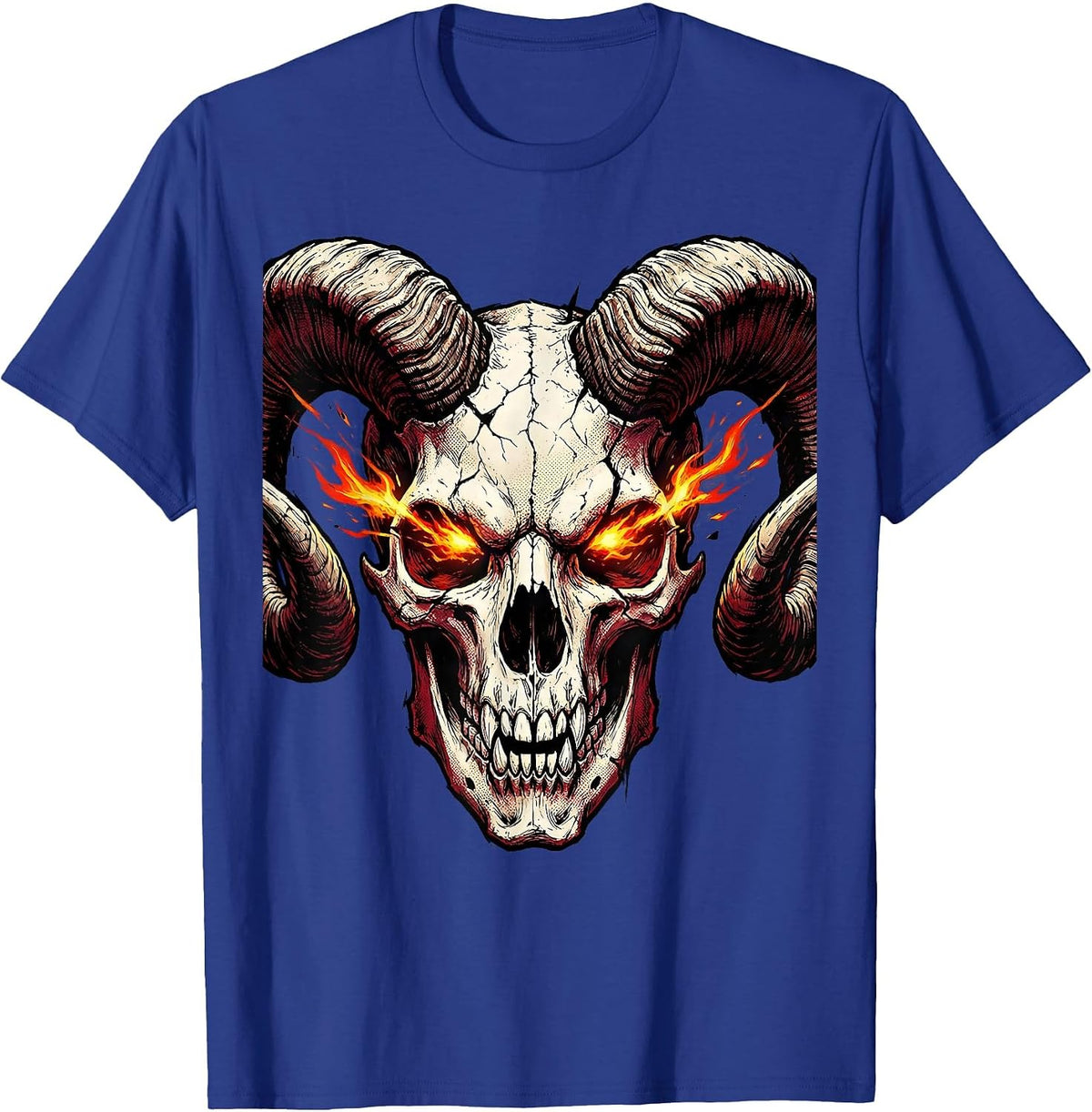 Horned Demon Skull With Burning Eyes Halloween T-Shirt - Royal Blue
