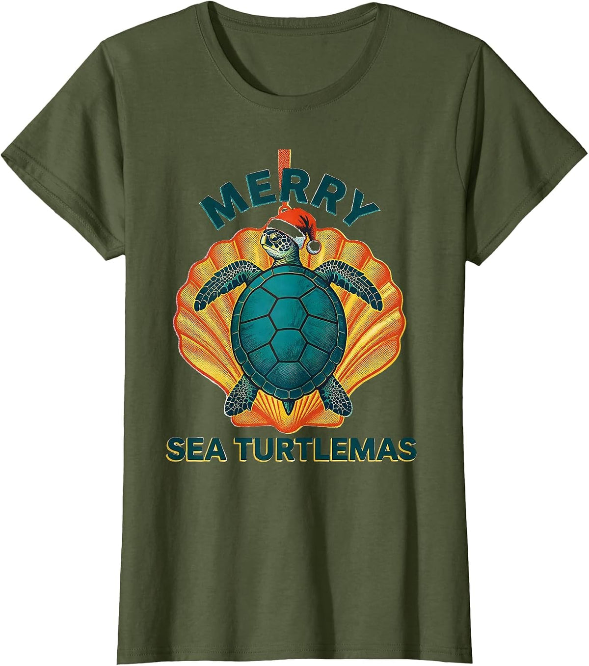 Women's Merry Sea Turtlemas Risograph Sea Turtle Lover Christmas T-Shirt - Olive Green