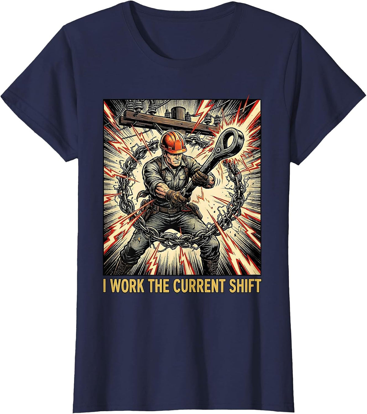 Women's I Work The Current Shift Funny Electrician Lineman Dark T-Shirt - Navy Blue