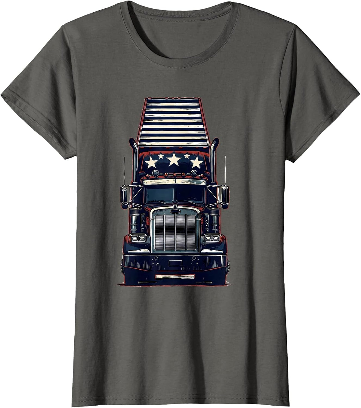 Women's American Flag Semi Truck Driver Patriotic Trucker Pride T-Shirt - Asphalt Grey
