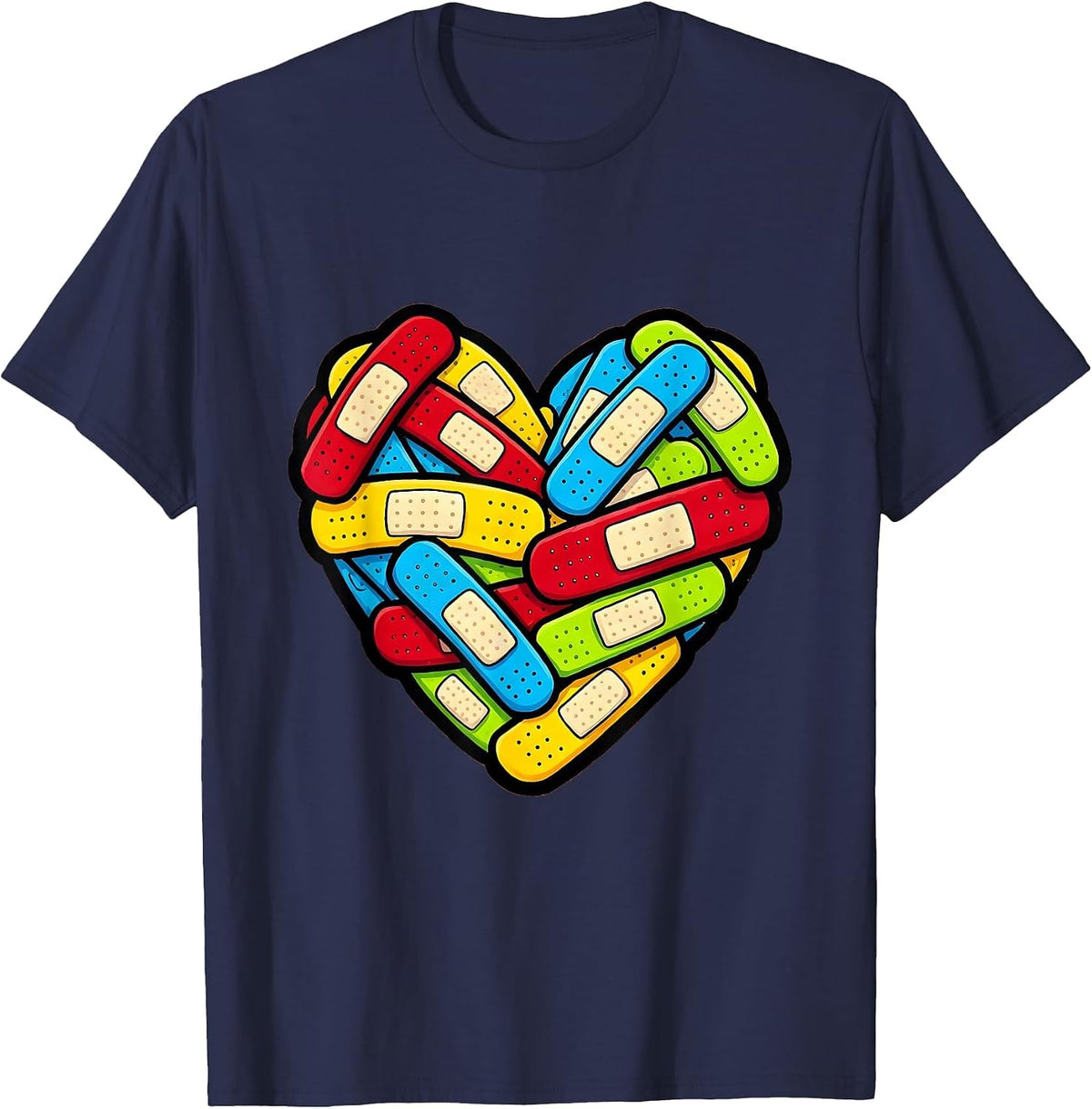 Boo Boo Crew Nurse Colorful Bandaid Heart T-Shirt - Navy Blue