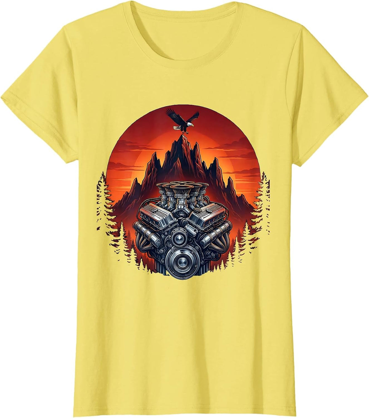 Hot Rod Engine Exposed Pistons American Muscle Art T-Shirt - Lemon Yellow