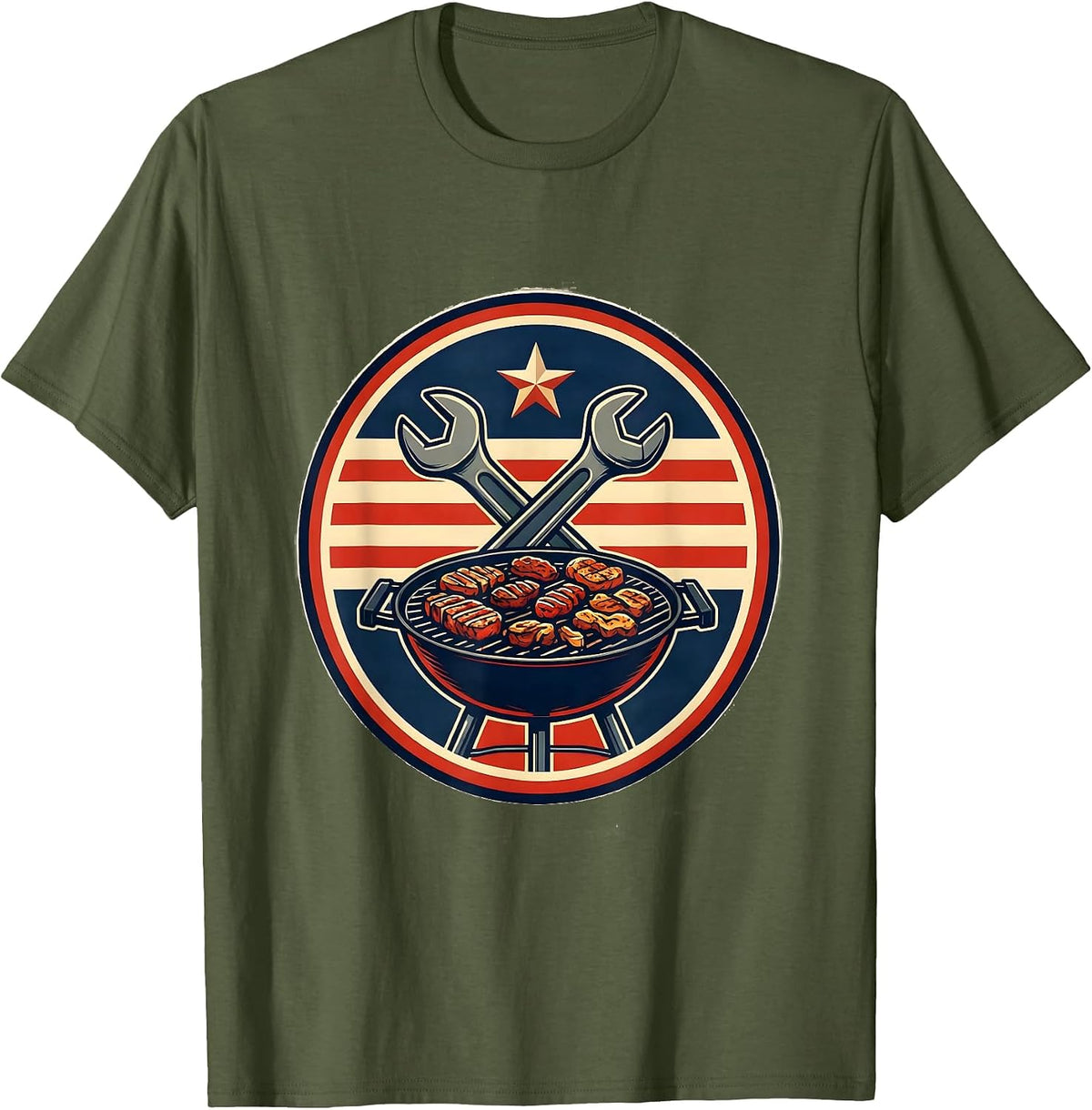 Men's Sealed Badge Wrench Cookout Patriotic Americana Labor Day T-Shirt - Olive Green