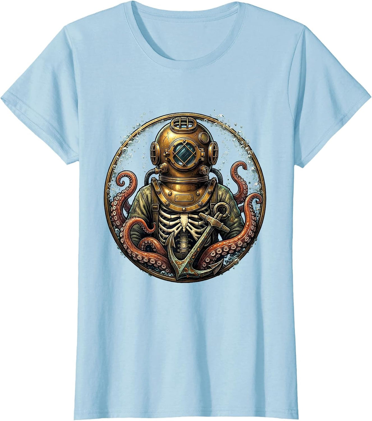 Skeleton Deep Sea Diver Vintage Diving Helmet Art T-Shirt - Baby Blue