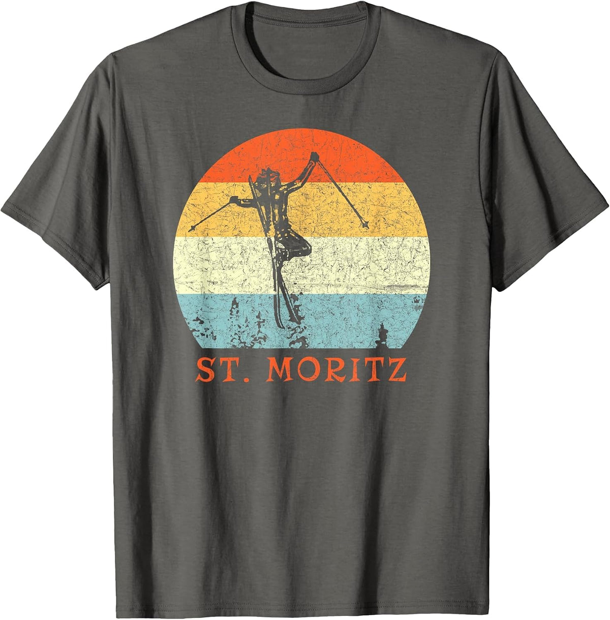 Ski St. Moritz, Switzerland Vintage Snow Skiing Vacation T-Shirt - Asphalt Grey