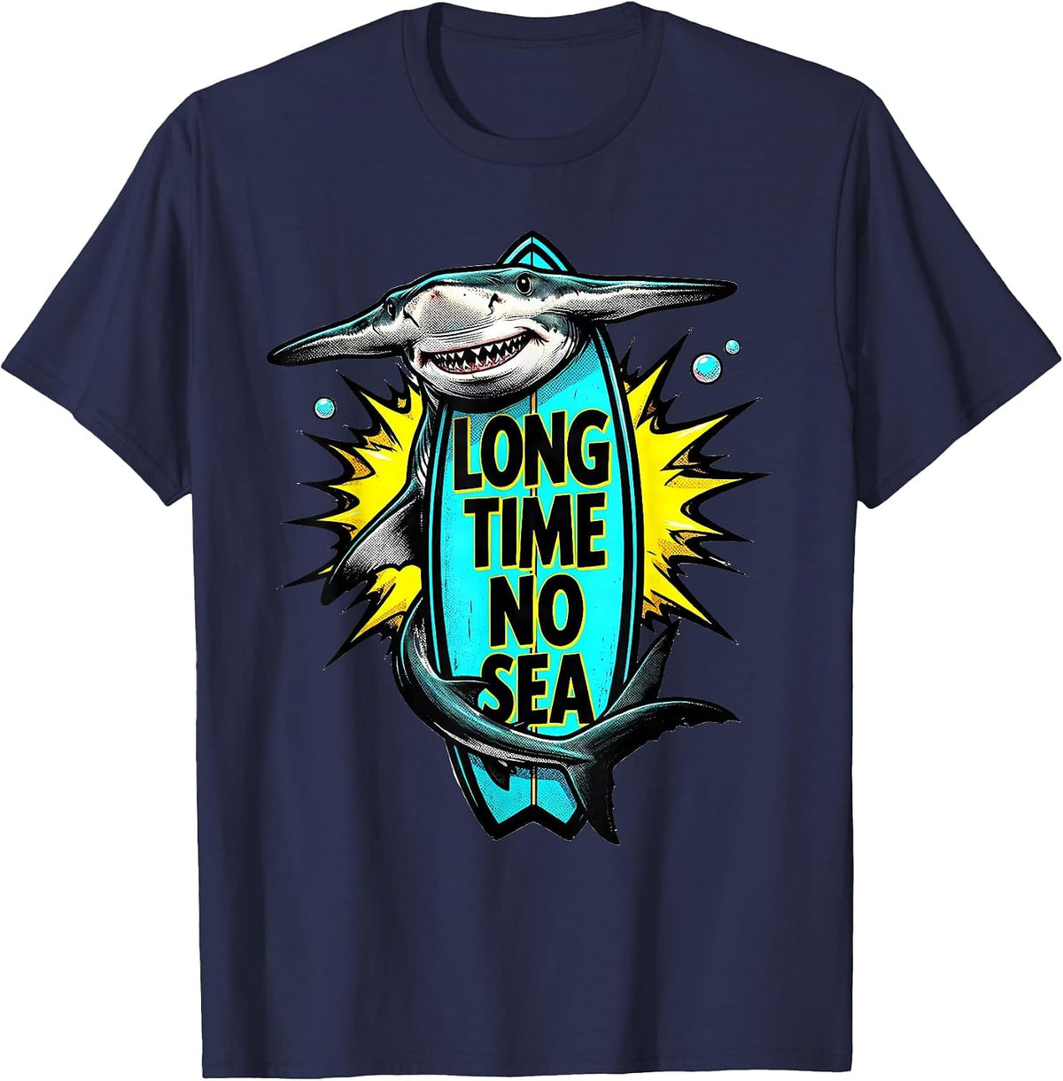 Men's Long Time No Sea Pop Art Shark Lover Humor Ocean Wildlife T-Shirt - Navy Blue
