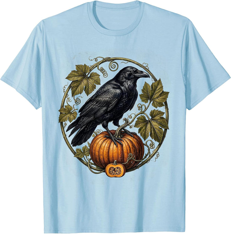 Men's Raven Clutching Pumpkin Halloween Graphic T-Shirt - Baby Blue