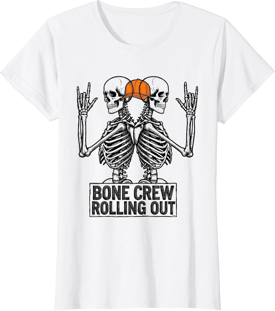 Women's Bone Crew Rolling Out Line Art Rocker Skeleton Halloween T-Shirt - White