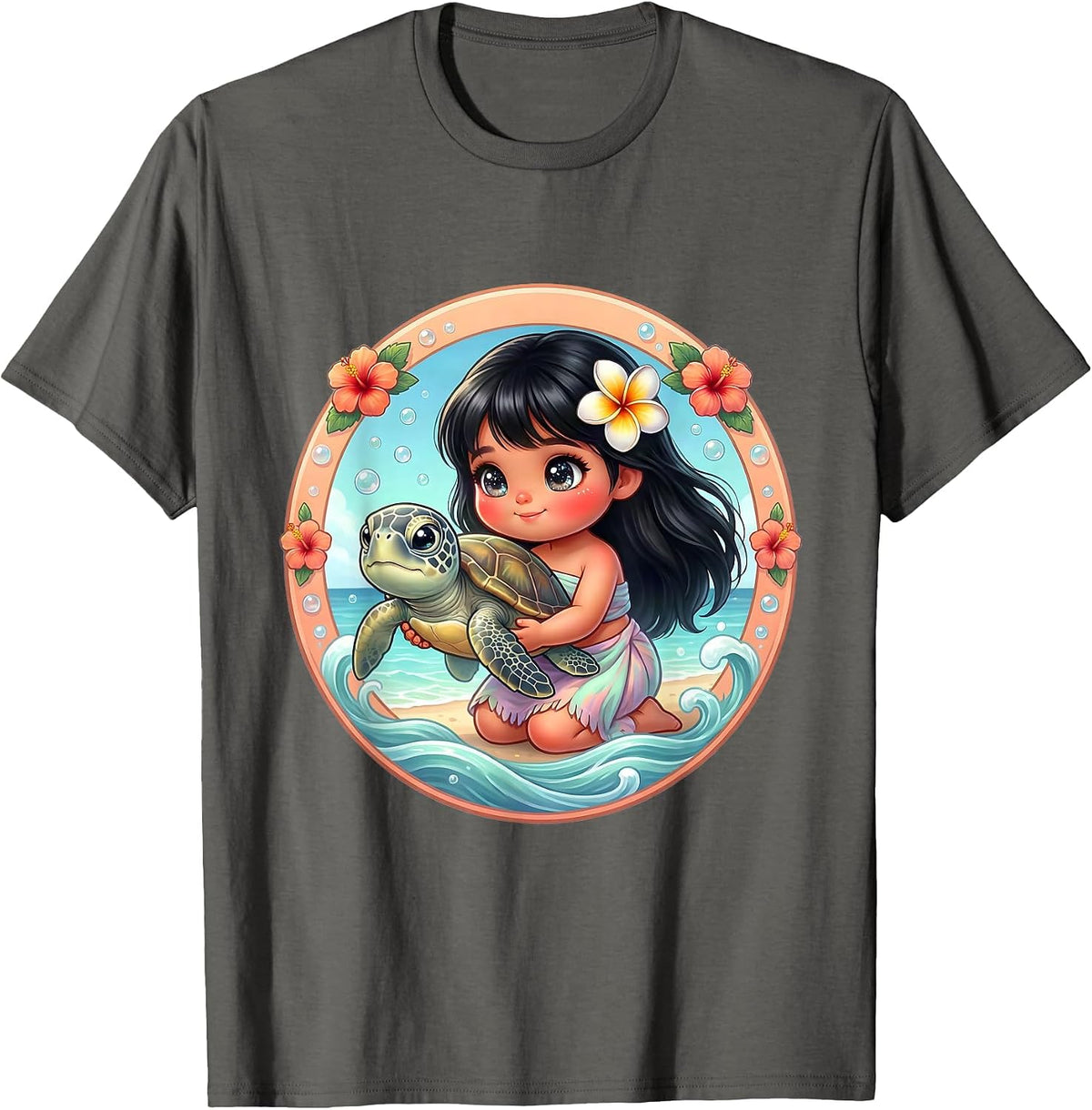 Men's Hawaiian Girl Releasing Sea Turtle Ocean Art T-Shirt - Asphalt Grey