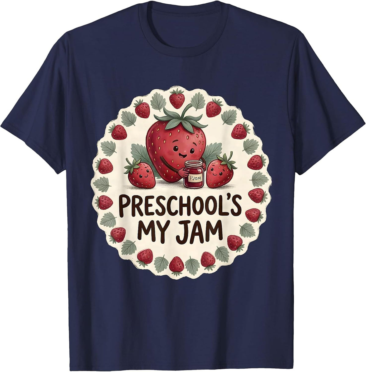 Preschool's My Jam Storybook Strawberry Teacher Back T-Shirt - Navy Blue