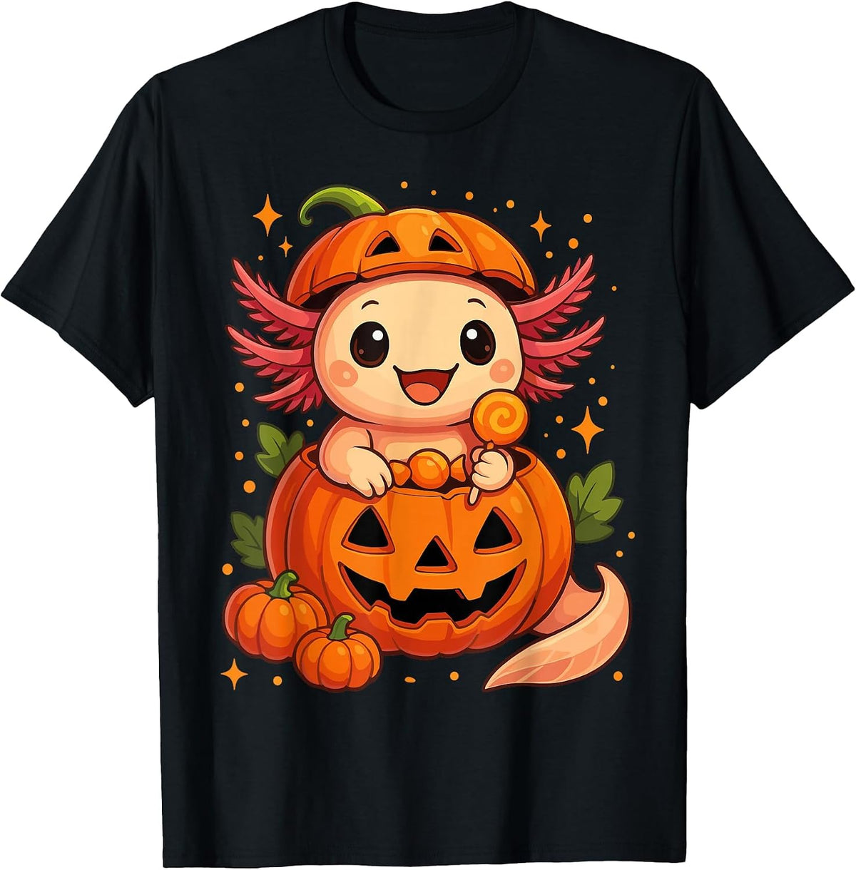 Cute Axolotl Halloween Spooky Candy Pumpkin Axolotl T-Shirt - Black