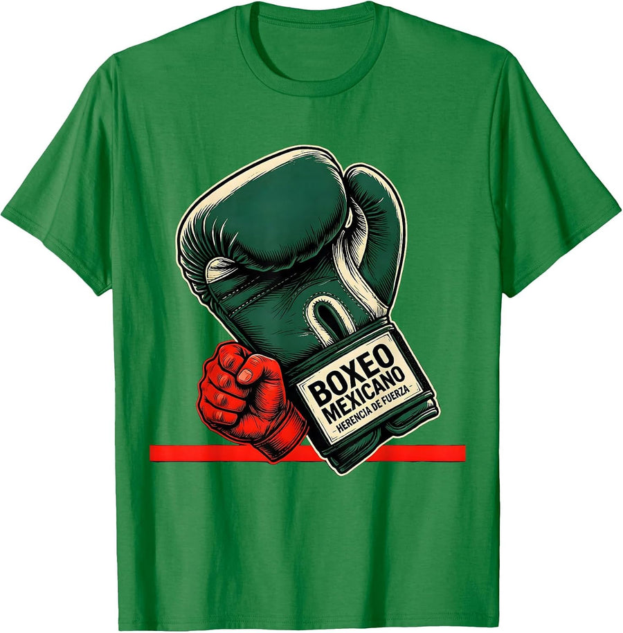 Men's Boxeo Mexicano Herencia de Fuerza Vintage Linocut Boxing T-Shirt - Kelly Green