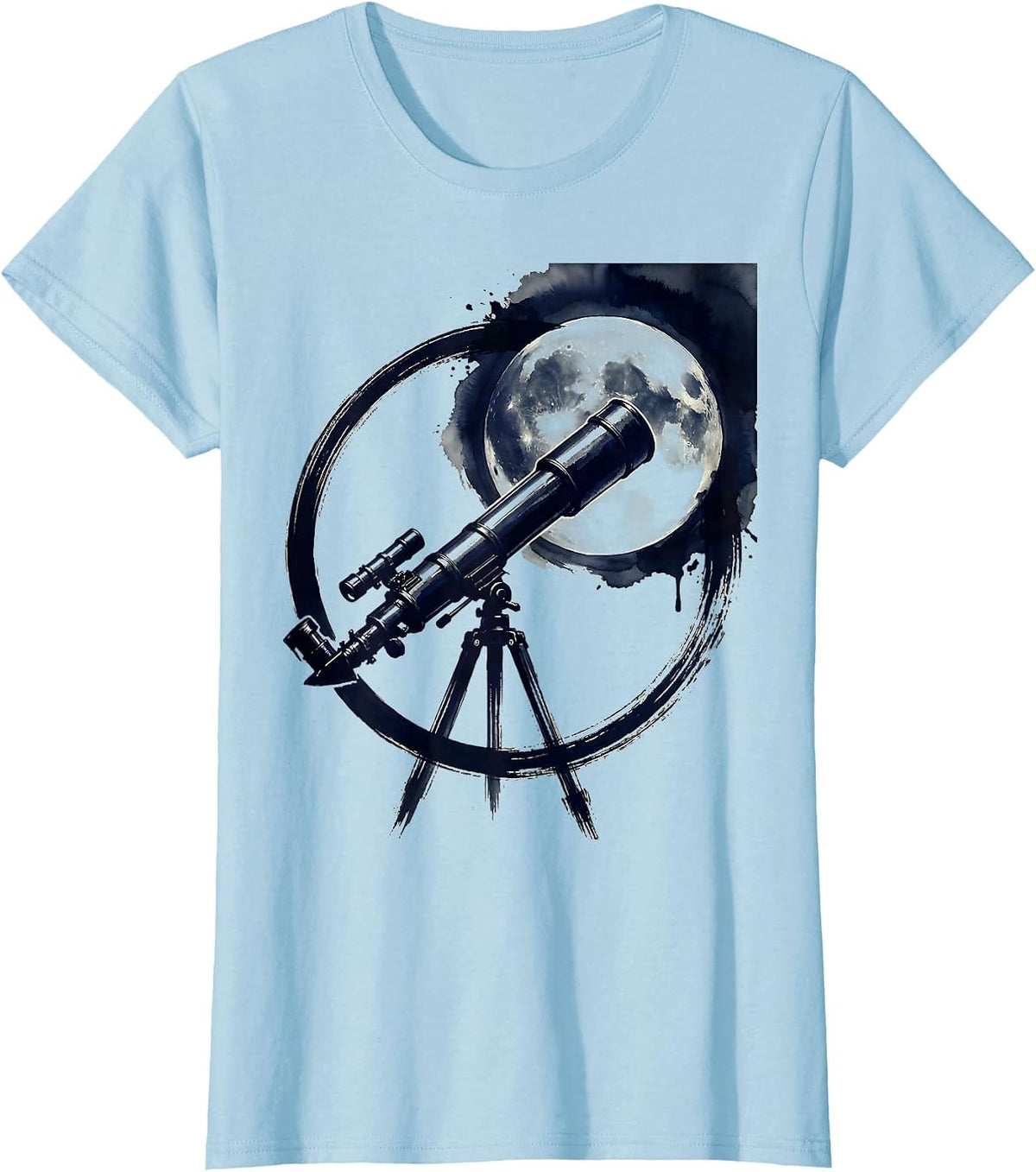 Telescope Moon Gazing Night Sky Astronomy Art T-Shirt - Baby Blue