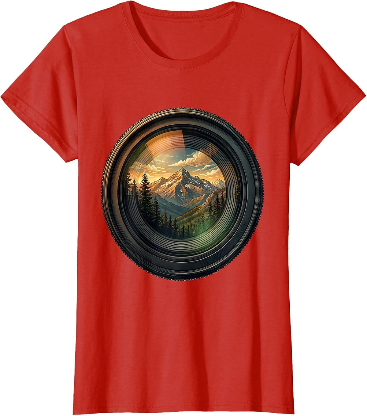 Camera Lens Mountain Landscape Photography Art T-Shirt - Red