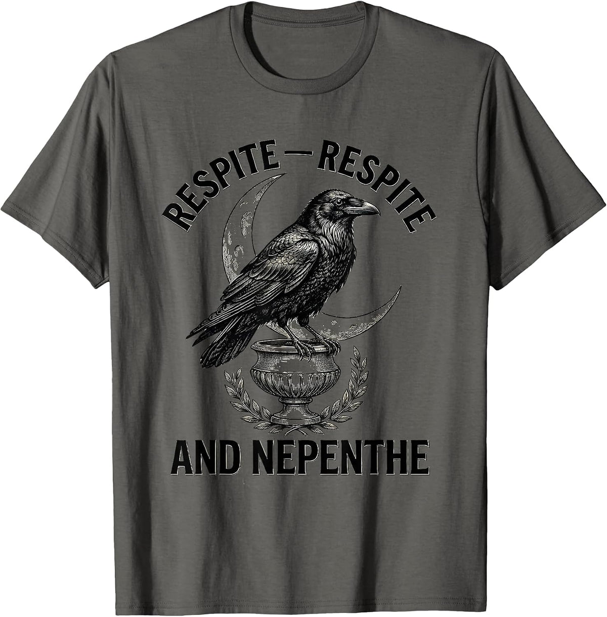 Respite And Nepenthe Vintage Gothic Edgar Allan Poe Raven T-Shirt - Asphalt Grey