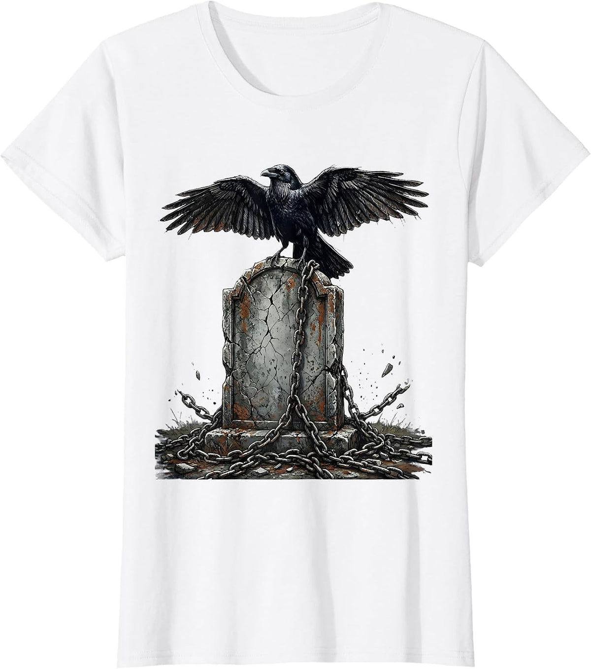 Goth Raven Grave Broken Chains Dark Art Design T-Shirt - White