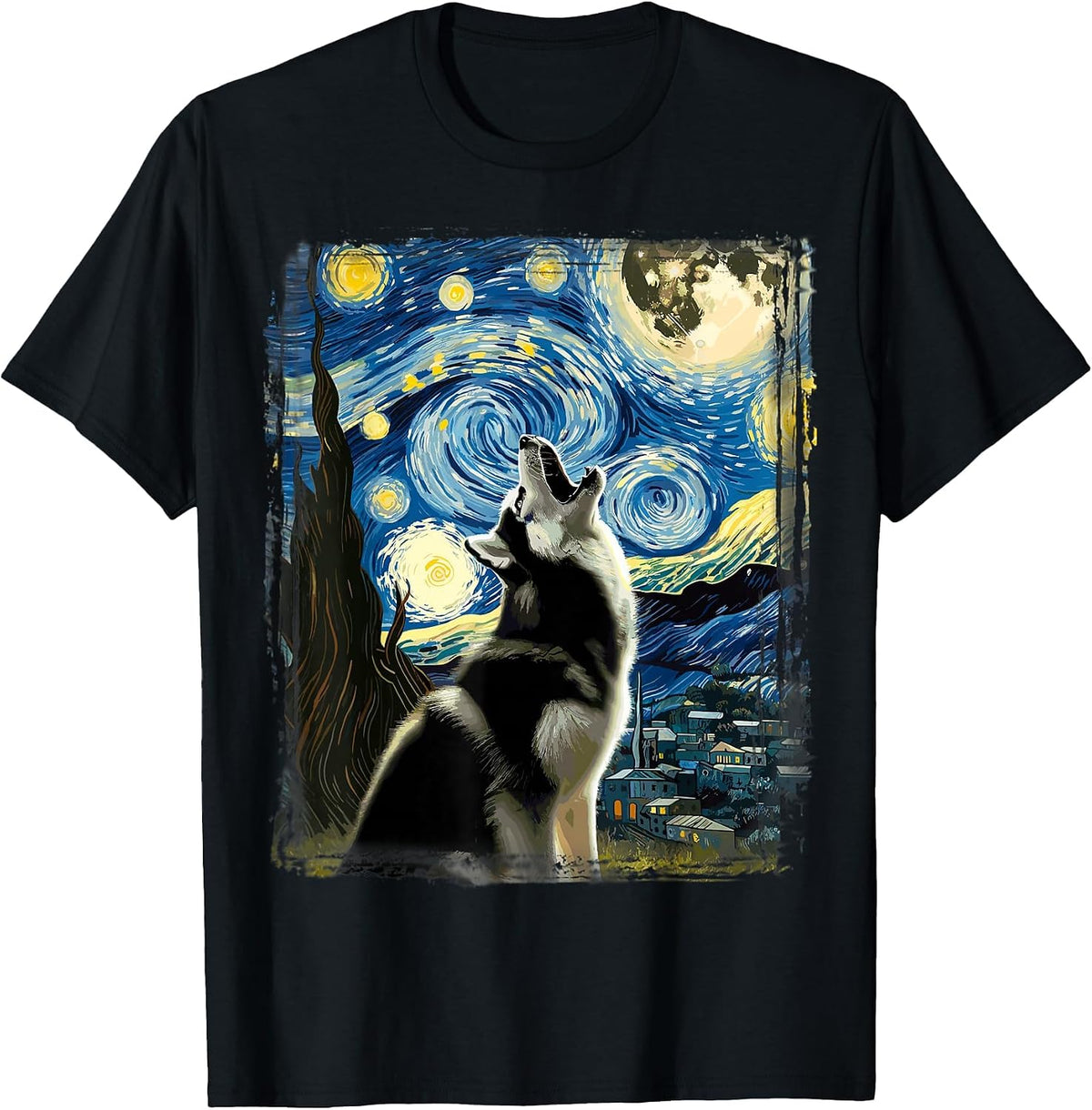 Siberian Husky Dog Art Van Gogh Starry Night Siberian Husky T-Shirt - Black