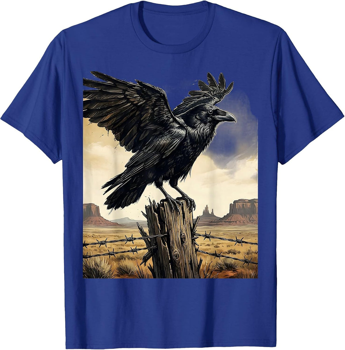 Raven on Fence Post Cowboy Western Design T-Shirt - Royal Blue