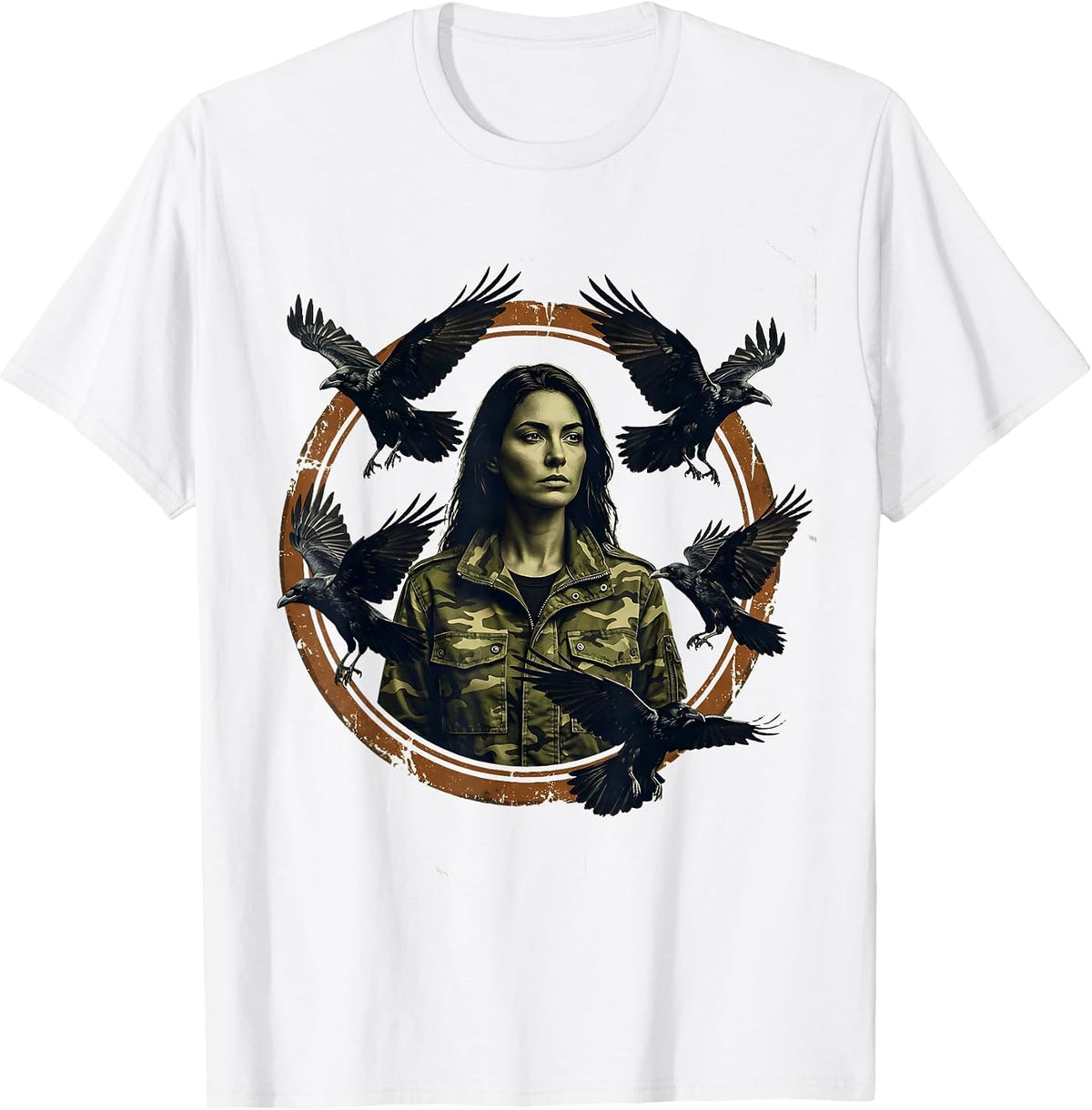 Men's Camo Jacket Raven Illustration Graphic Design T-Shirt - White