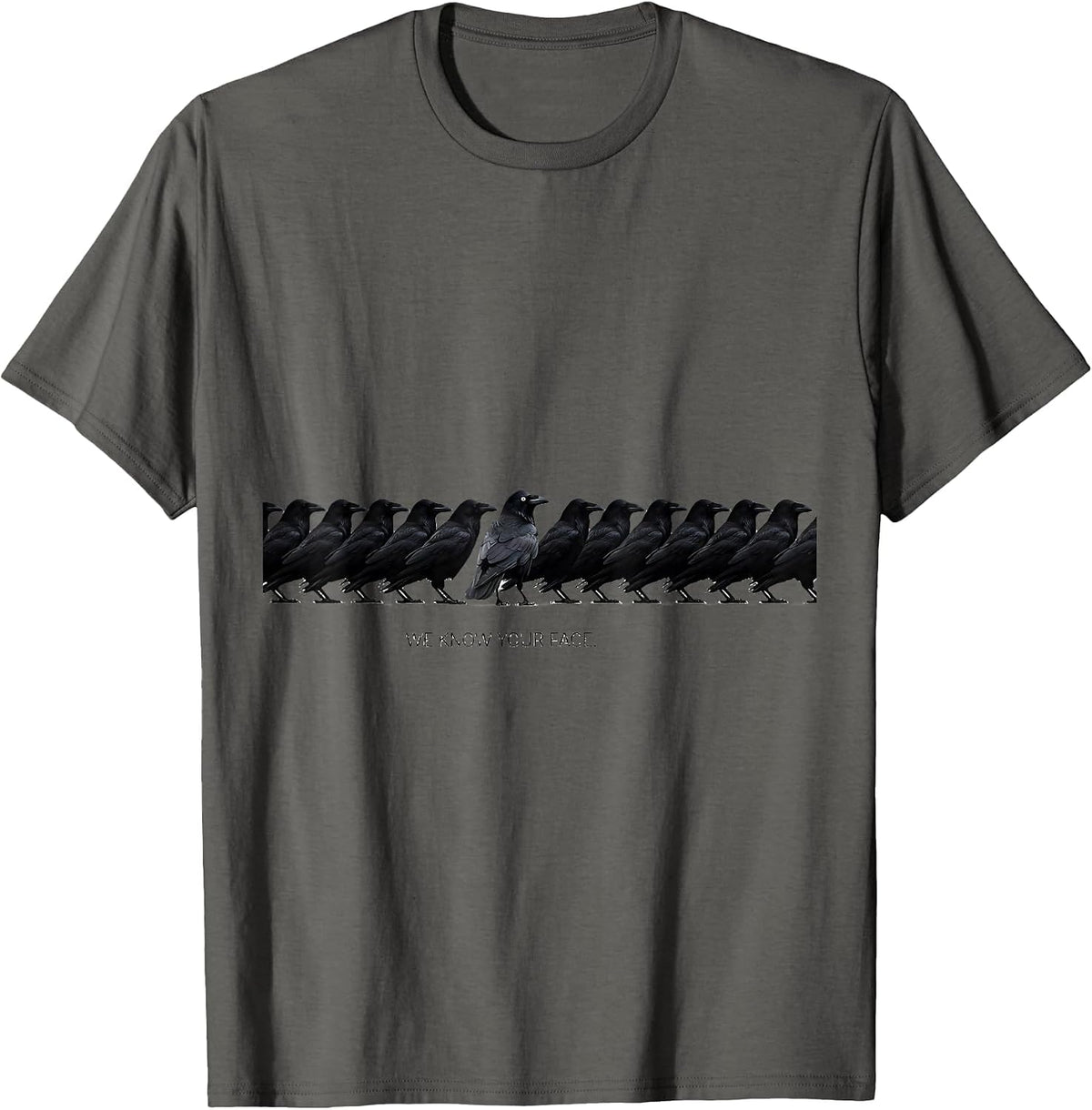 Men's We Know Your Face Funny Crow Raven Dark Humor Pun T-Shirt - Asphalt Grey