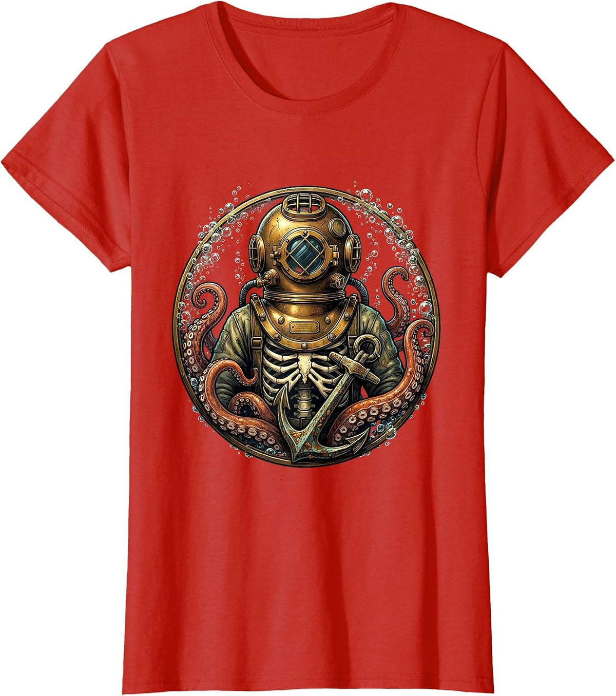Skeleton Deep Sea Diver Vintage Diving Helmet Art T-Shirt - Red