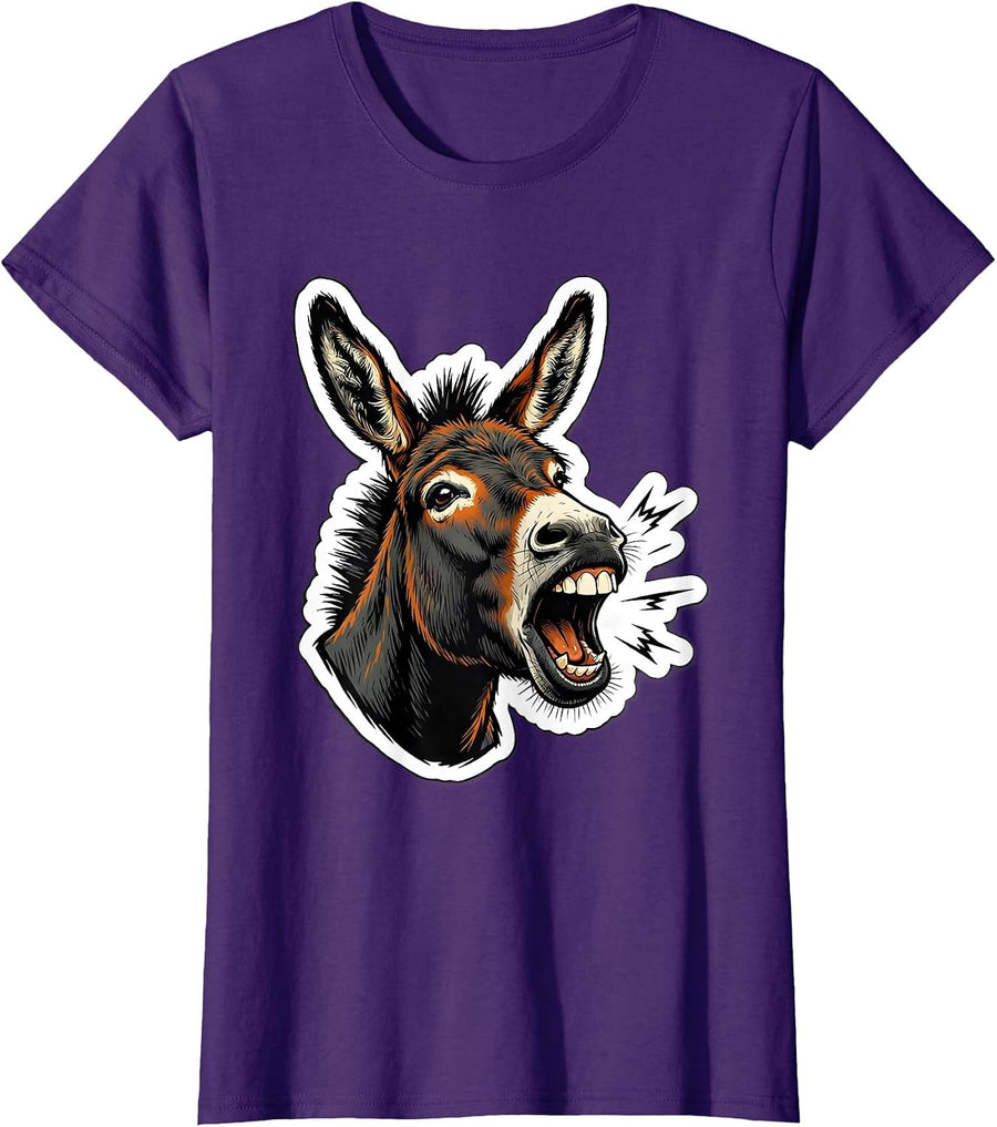 Women's Donkey Braying Face Funny Farm Animal Lover Humor T-Shirt - Purple