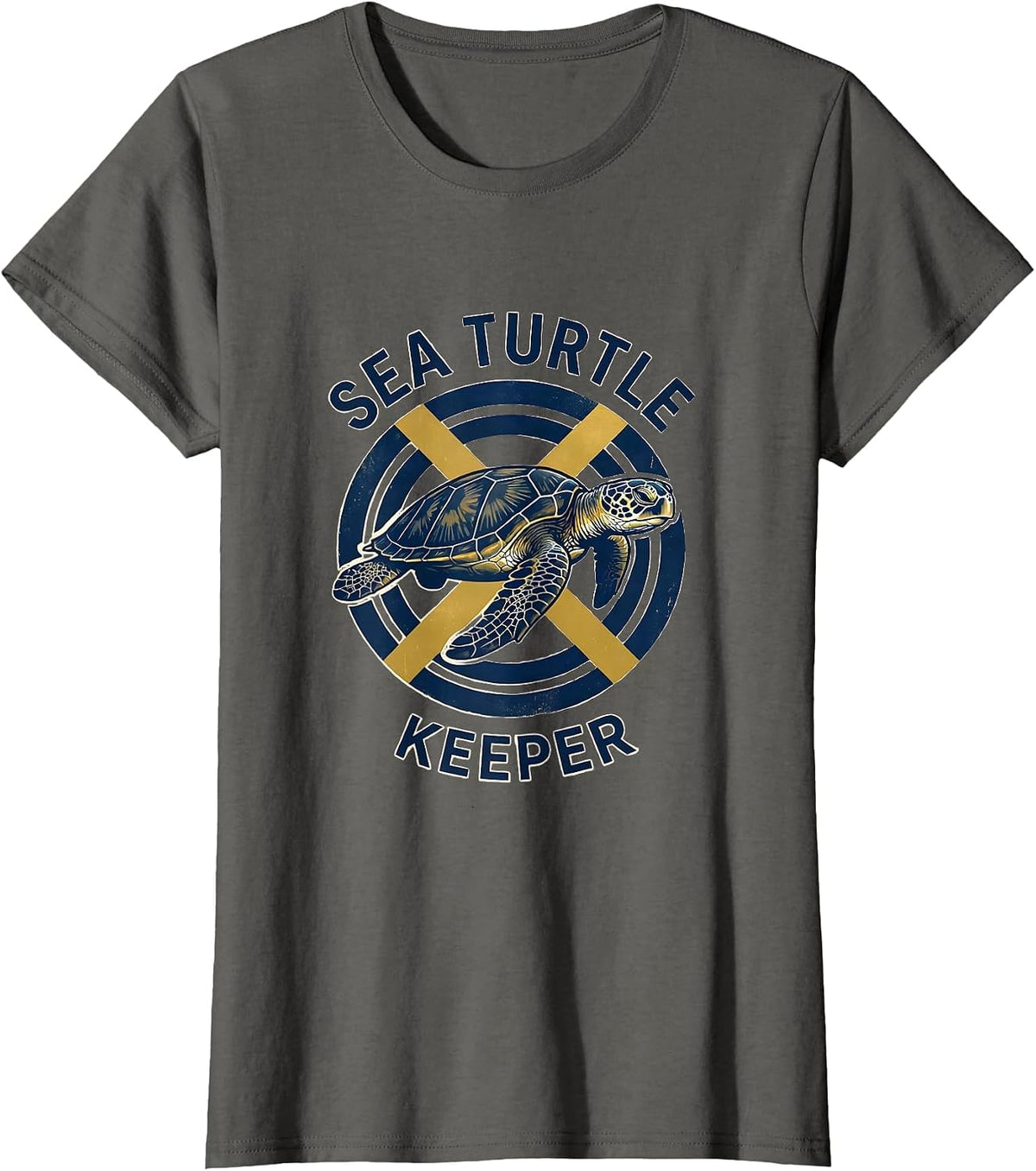 Women's Sea Turtle Keeper Badge Patch Line Art Icon Outline Gift T-Shirt - Asphalt Grey