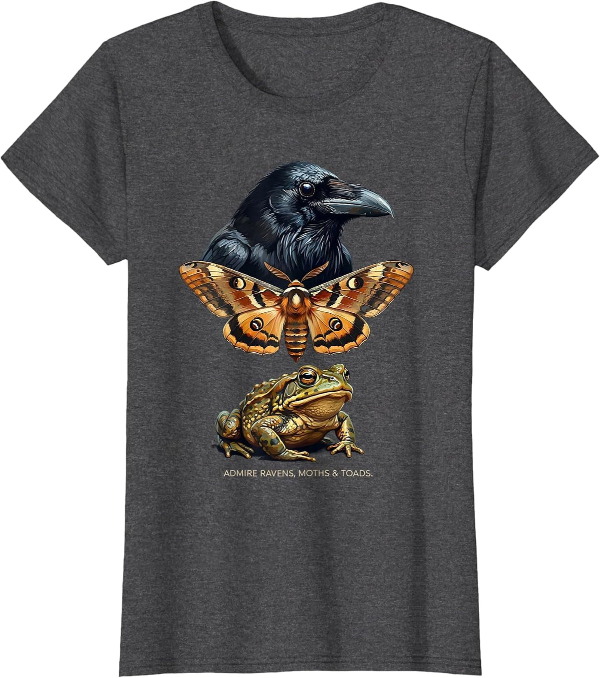 Women's Admire Ravens, Moths & Toads Whimsical Misunderstood T-Shirt - Dark Heather Grey