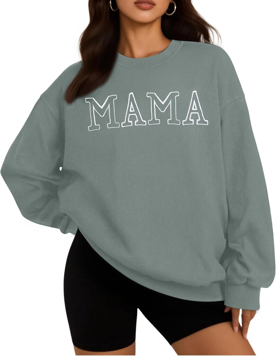 ASTANFY Womens Crewneck Sweatshirt Mama Letter Print Long Sleeve Loose Fashion Pullover Top - Waffle Pattern-green