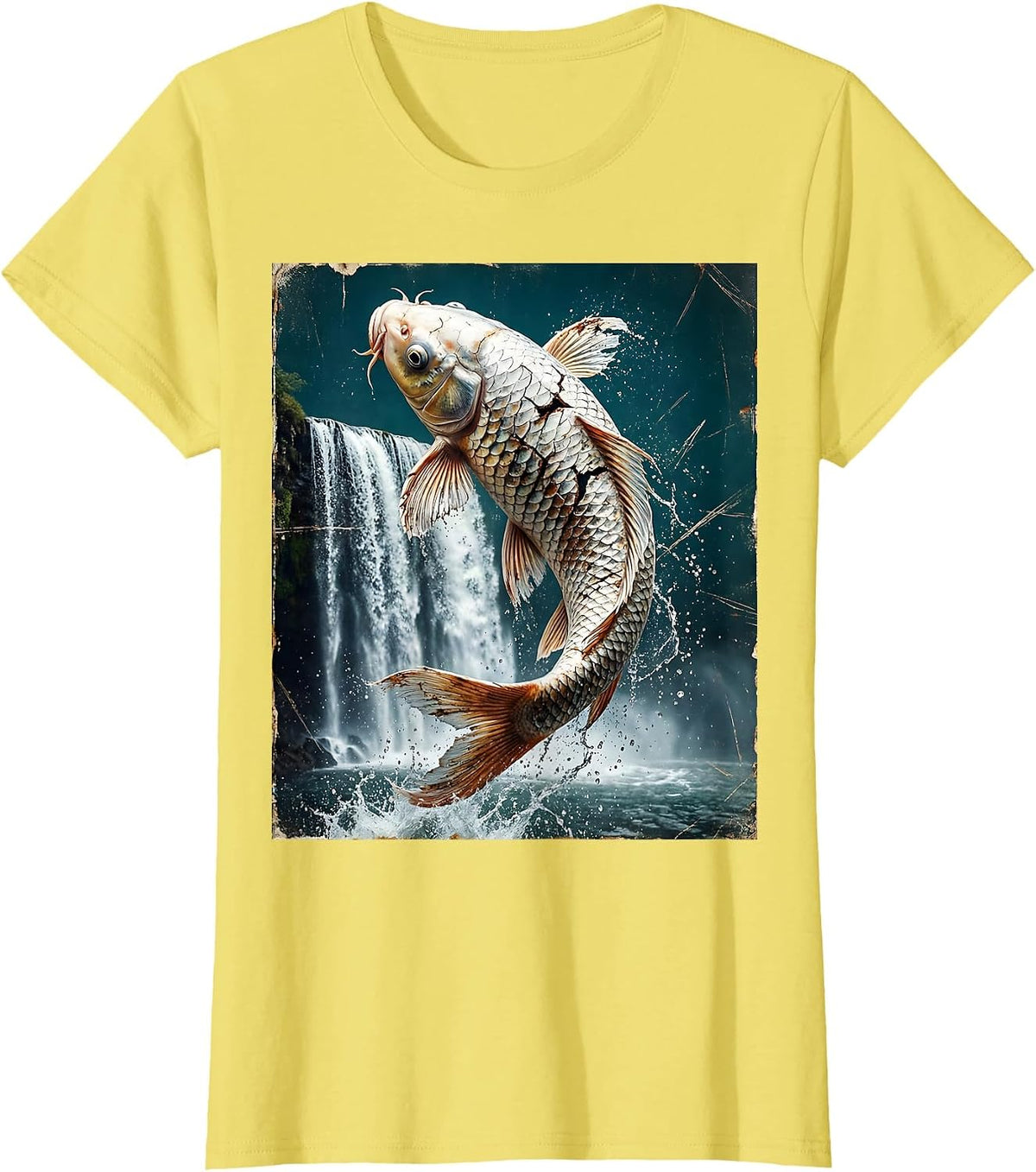 Women's White Koi Fish Leaping Upstream Waterfall Design T-Shirt - Lemon Yellow