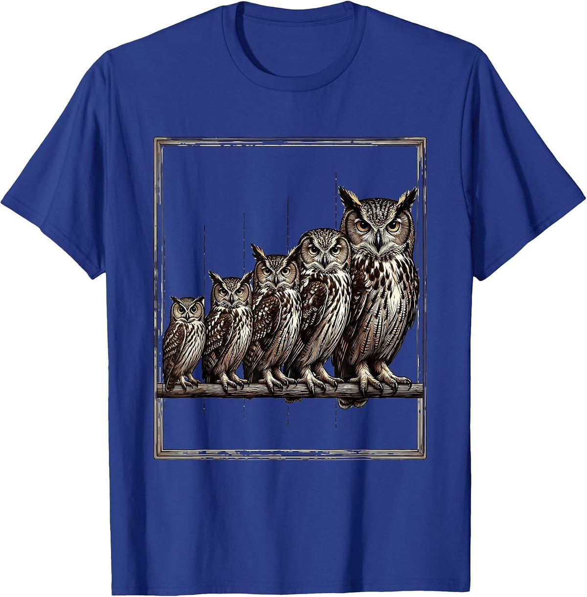 Men's Five Owl Silhouettes Crosshatch Etching Bird Lover Gift T-Shirt - Royal Blue